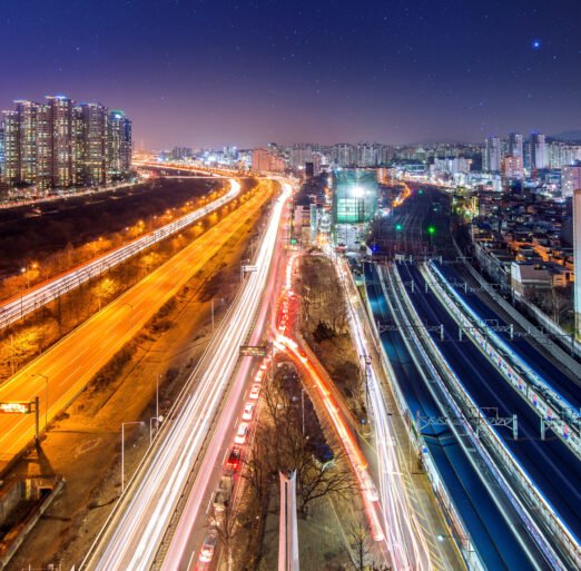 Traffic in Singil district, Seoul Korea skyline at night.