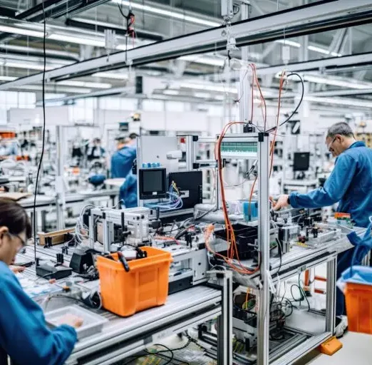 Bright and airy factory, a diverse group of workers collaborates around a high-tech assembly line. rafting components for renewable energy systems.