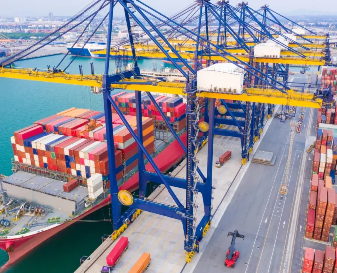 Container ships at industrial ports in the business of import, export, logistics and international maritime transport, loading of containers on cargo ships with cranes,
Transportation of goods by container trucks to customers.